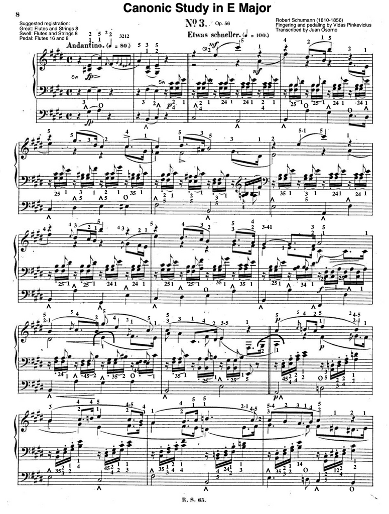 Canonic Etude No. 3 in E Major, Op. 56 by Robert Schumann with Fingering and Pedaling