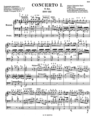 Organ Concerto in G Major, BWV 592 by J.S. Bach with Fingering and Pedaling