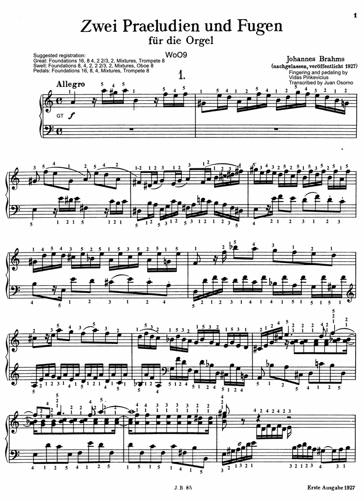 Prelude and Fugue in A Minor, WoO 9 by Johannes Brahms with Complete Fingering and Pedaling