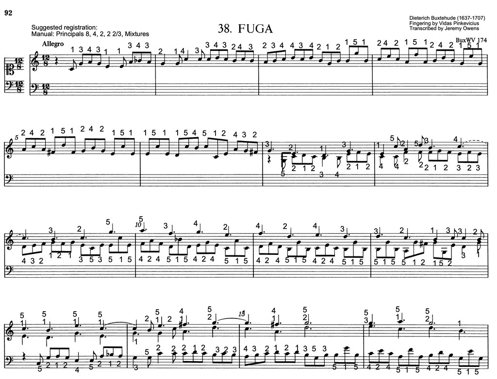 Fugue in C Major, BuxWV 174 by Dieterich Buxtehude with Fingering