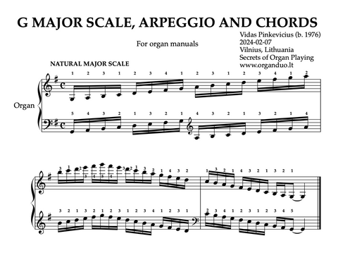 G Major Scale, Arpeggios and Chords for Organ Manuals with Fingering