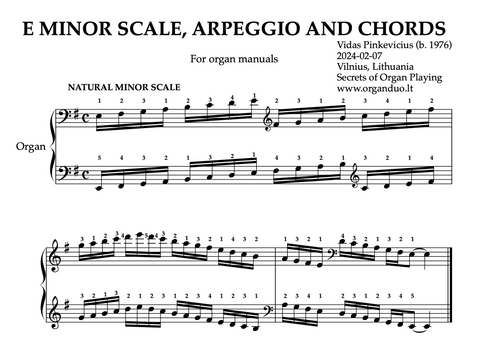 E Minor Scale, Arpeggios and Chords for Organ Manuals with Fingering