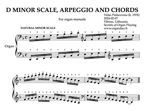 D Minor Scale, Arpeggios and Chords for Organ Manuals with Fingering