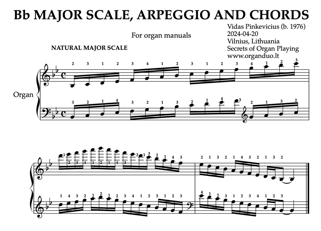 Bb Major Scale, Arpeggios and Chords for Organ Manuals with Fingering