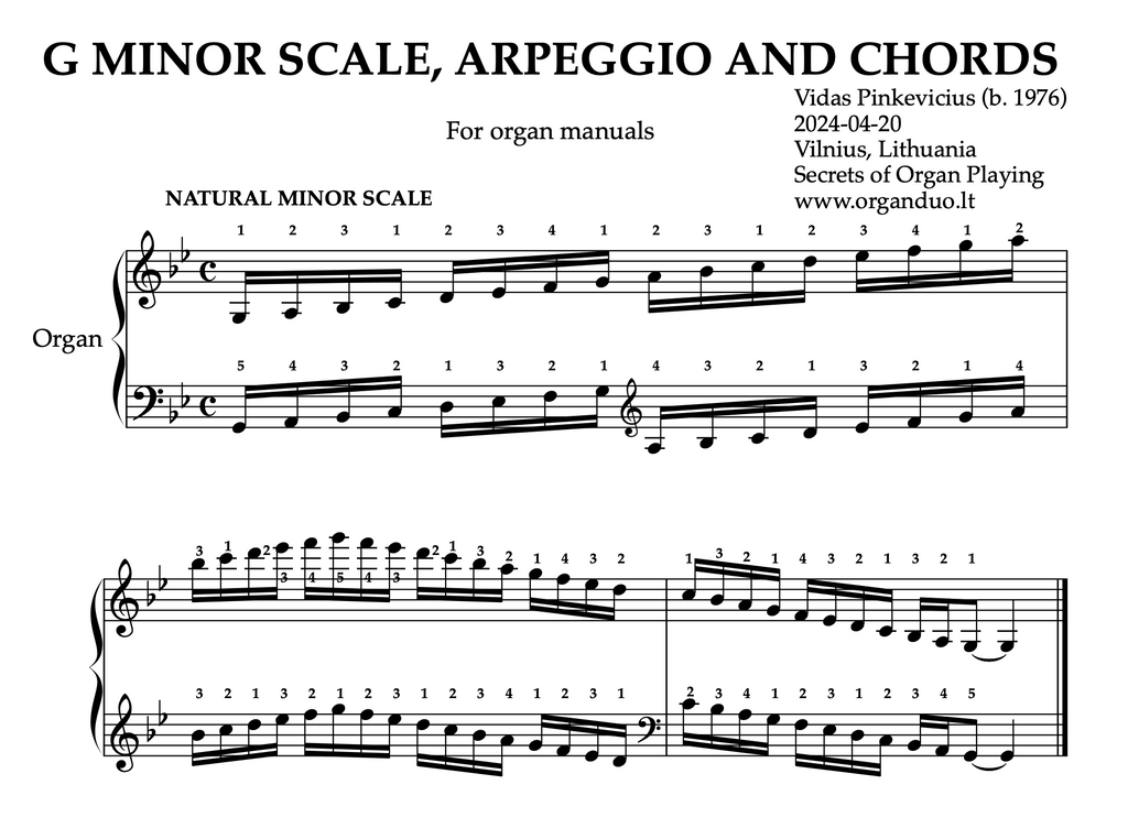 G Minor Scale, Arpeggios and Chords for Organ Manuals with Fingering