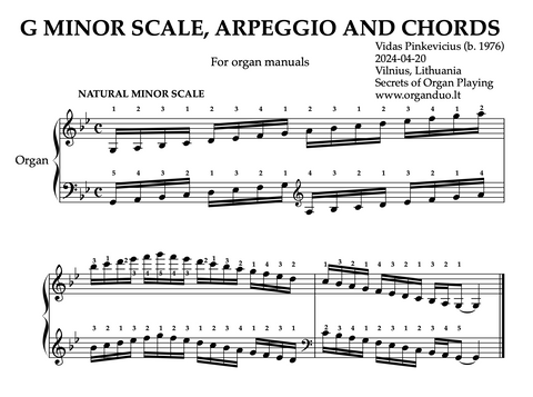 G Minor Scale, Arpeggios and Chords for Organ Manuals with Fingering