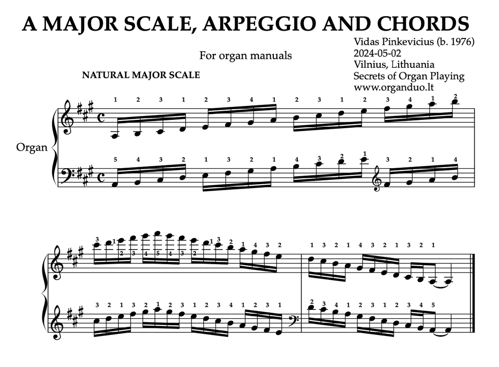 A Major Scale, Arpeggios and Chords for Organ Manuals with Fingering