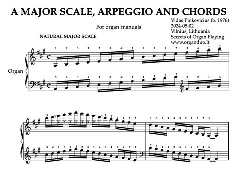 A Major Scale, Arpeggios and Chords for Organ Manuals with Fingering