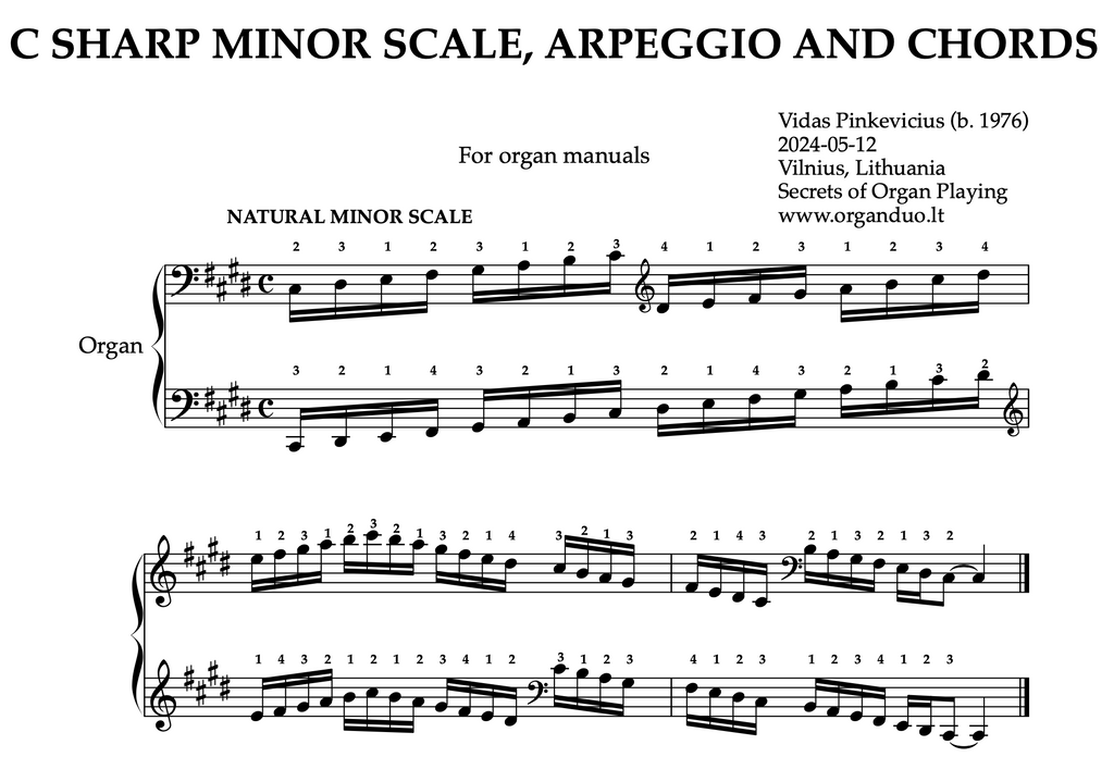 C Sharp Minor Scale, Arpeggios and Chords for Organ Manuals with Fingering