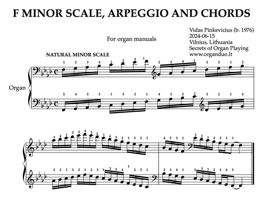 F Minor Scale, Arpeggios and Chords for Organ Manuals with Fingering