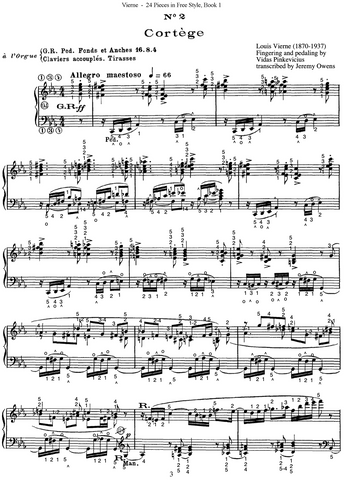 Cortege from 24 Pieces en style libre, Op. 31 by Louis Vierne with fingering and pedaling