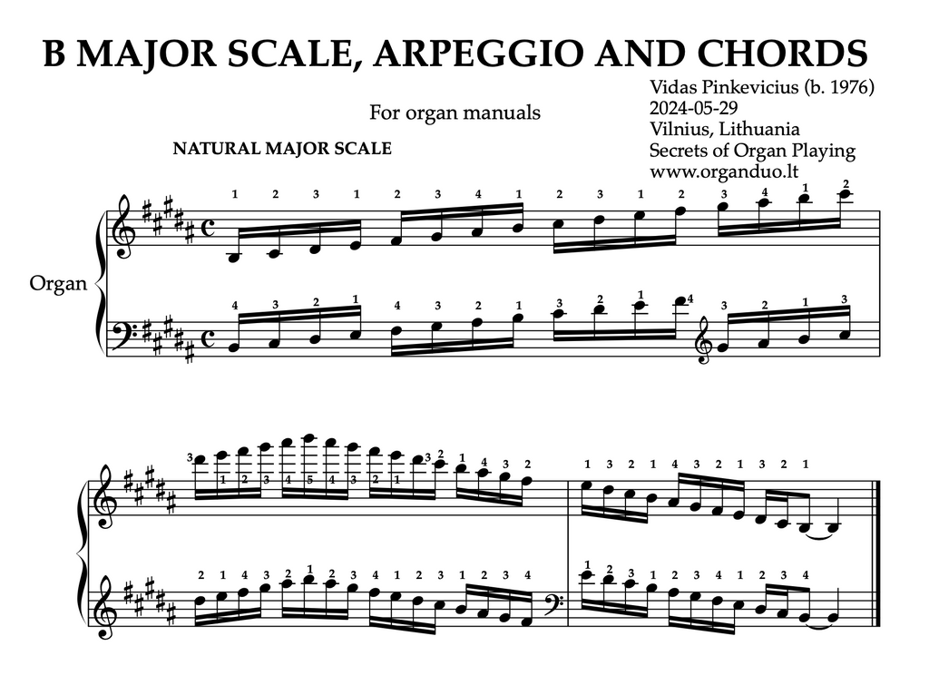 B Major Scale, Arpeggios and Chords for Organ Manuals with Fingering