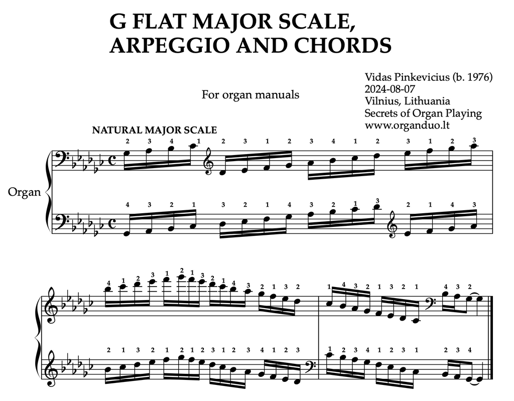 G Flat Major Scale, Arpeggios and Chords for Organ Manuals with Fingering