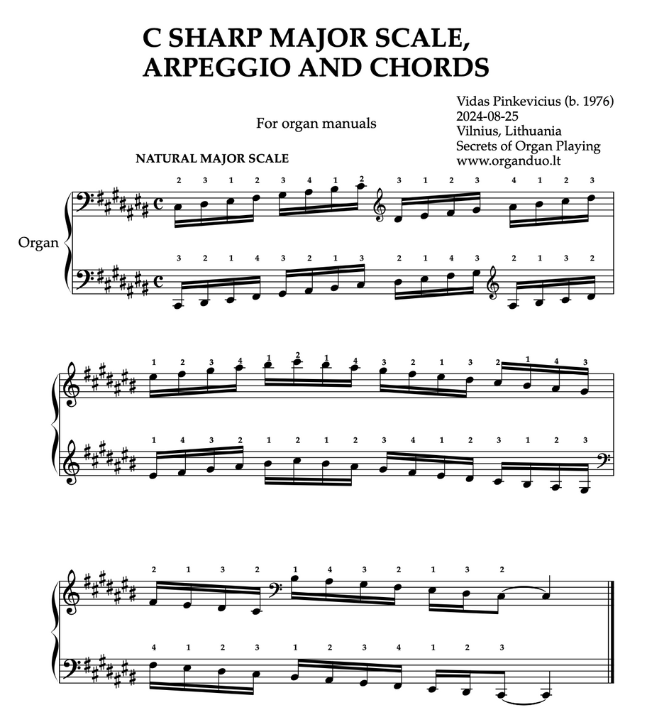 C Sharp Major Scale, Arpeggios and Chords for Organ Manuals with Fingering