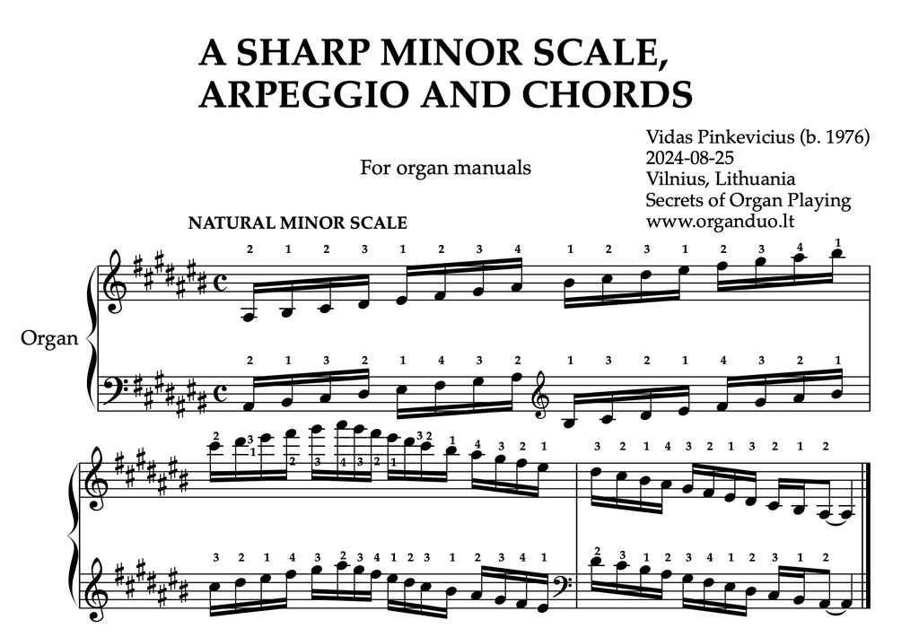 A Sharp Minor Scale, Arpeggios and Chords for Organ Manuals with Fingering