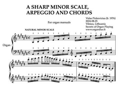 A Sharp Minor Scale, Arpeggios and Chords for Organ Manuals with Fingering