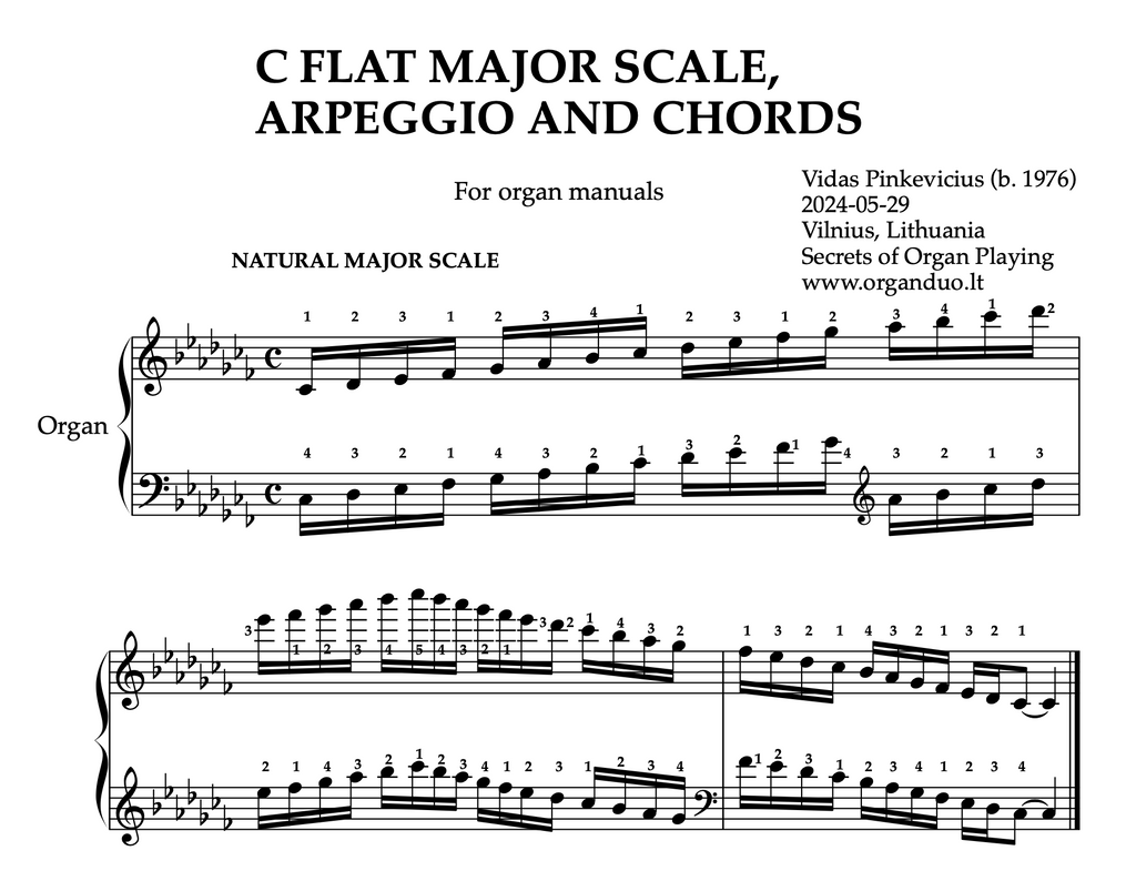 C Flat Major Scale, Arpeggios and Chords for Organ Manuals with Fingering