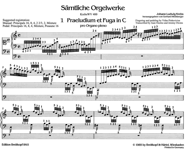 Prelude and Fugue in C Major, KrebsWV 400 by Johann Ludwig Krebs with Fingering and Pedaling