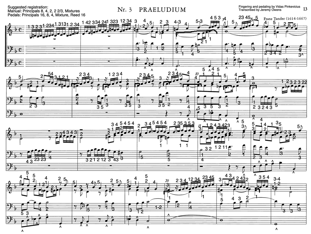 Prelude in G (Dorian) II by Franz Tunder with fingering and pedaling