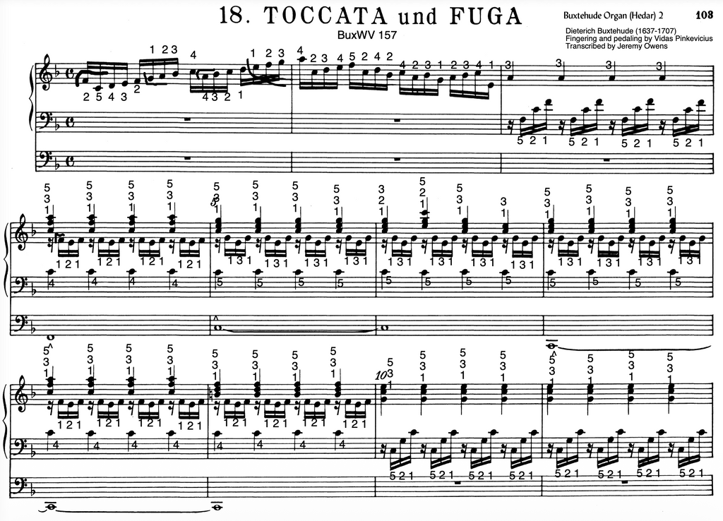 Toccata in F Major, BuxWV 157 by Dieterich Buxtehude  with Fingering and Pedaling