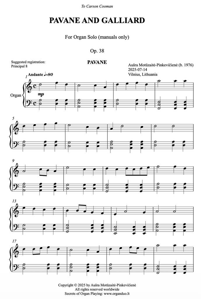 Pavane and Galliard, Op. 38 (Organ Solo Manuals Only) by Ausra Motuzaite-Pinkeviciene