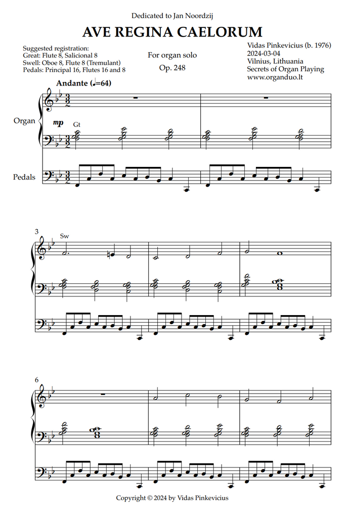 Ave Regina Caelorum, Op. 248 (Organ Solo) by Vidas Pinkevicius