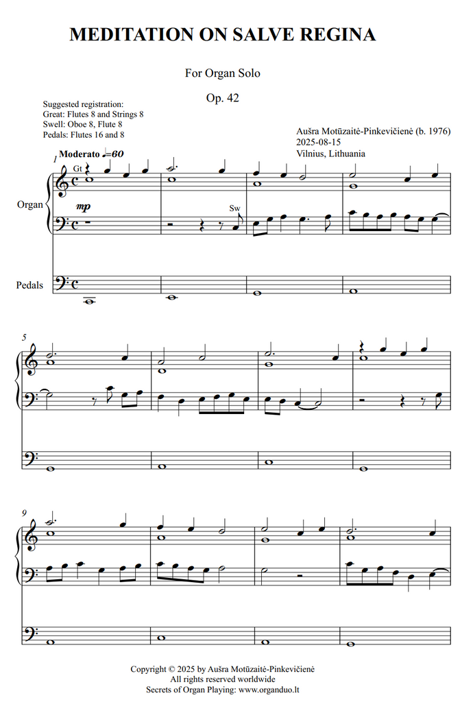 Meditation on Salve Regina, Op. 42 (Organ Solo) by Ausra Motuzaite-Pinkeviciene