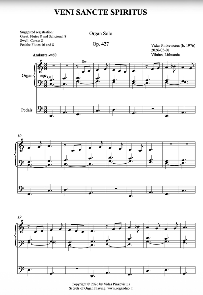 Veni Sancte Spiritus, Op. 427 (Organ Solo) by Vidas Pinkevicius