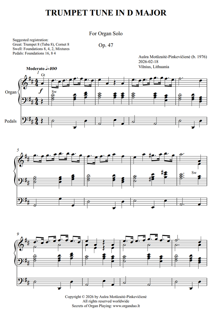 Trumpet Tune in D Major, Op. 47 (Organ Solo) by Ausra Motuzaite-Pinkeviciene