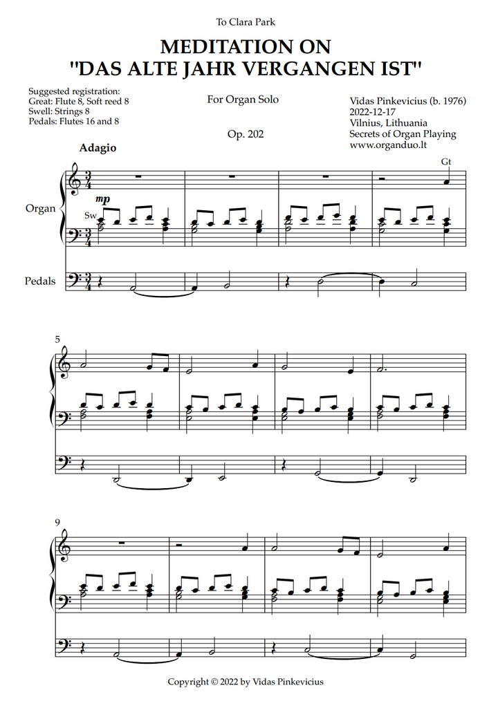 Meditation on "Das alte Jahr vergangen ist", Op. 202 (Organ Solo) by Vidas PinkeviciusMeditation on "Das alte Jahr vergangen ist", Op. 202 (Organ Solo) by Vidas Pinkevicius