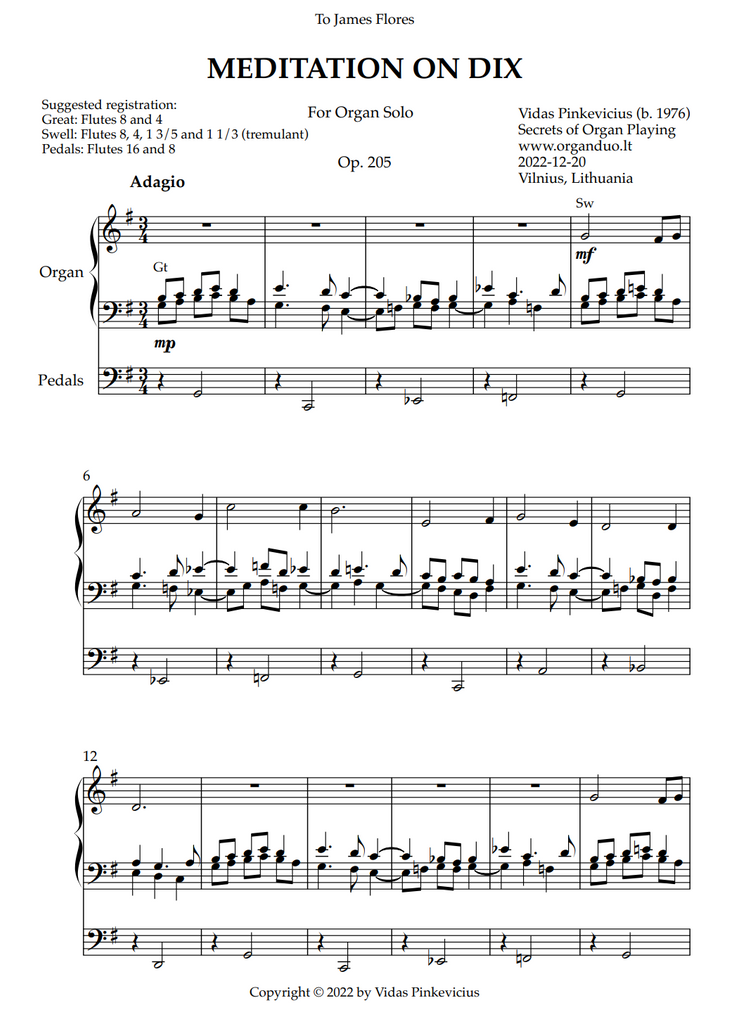 Meditation on Dix, Op. 205 (Organ Solo) by Vidas Pinkevicius