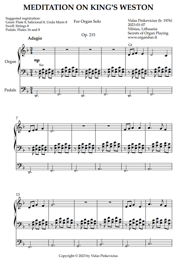 Meditation on King's Weston, Op. 215 (Organ Solo) by Vidas Pinkevicius