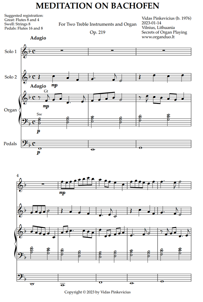 Meditation on Bachofen, Op. 219 (2 Treble Instruments and Organ) by Vidas Pinkevicius