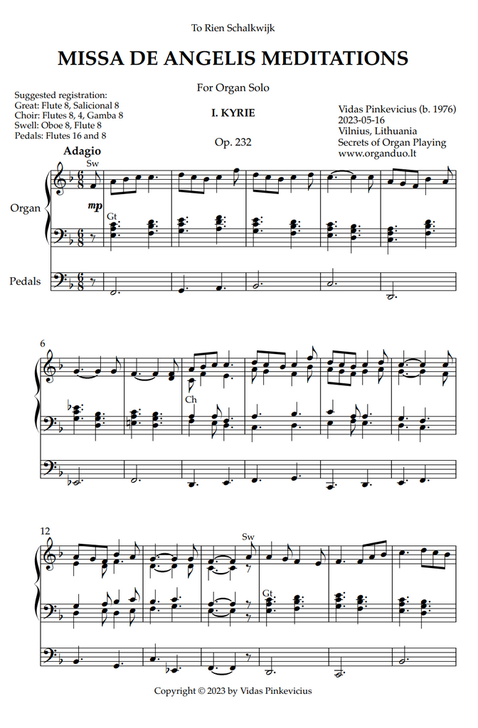 Missa de Angelis Meditations, Op. 232 (Organ Solo) by Vidas Pinkevicius