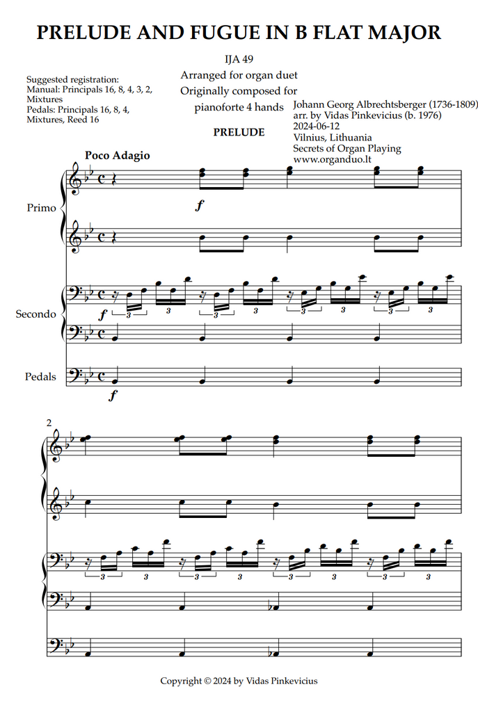 Prelude and Fugue in Bb Major (arr. Organ Duet) by Johann Georg Albrechtsberger