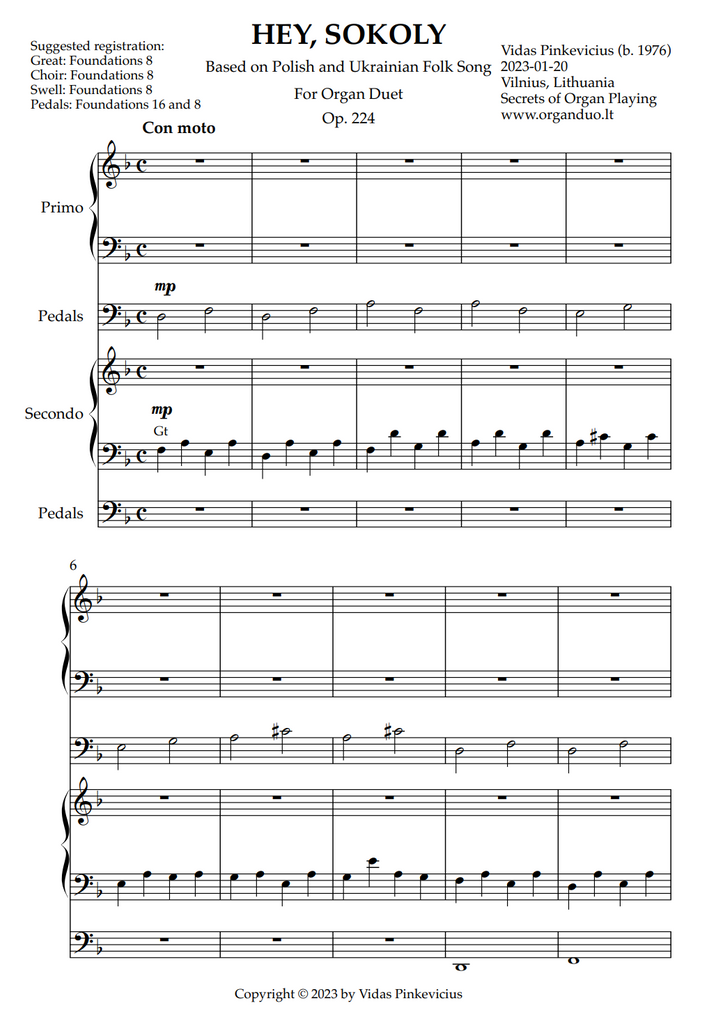 Hey, Sokoly, Op. 224 (Organ Duet) by Vidas Pinkevicius