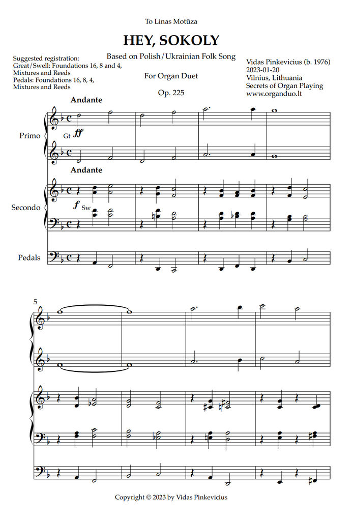 Variations on Ukrainian National Anthem, Op. 226 (Organ Duet) by Vidas Pinkevicius