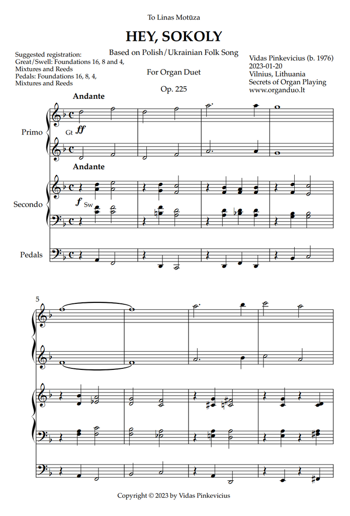 Hey, Sokoly, Op. 225 (Organ Duet) by Vidas Pinkevicius