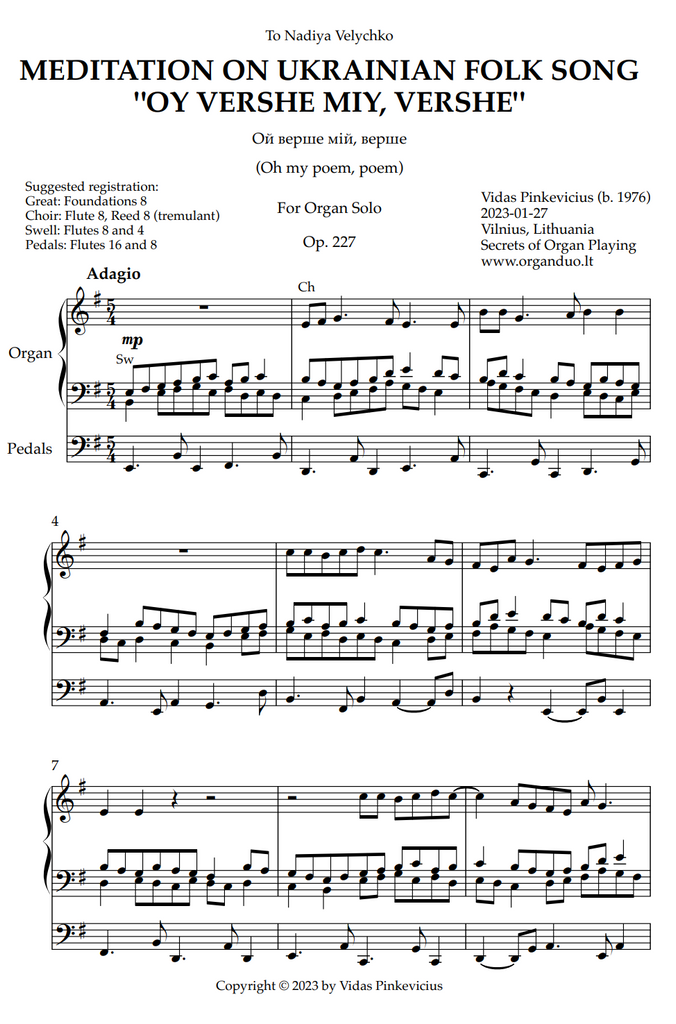 Meditation on Ukrainian Folk Song "Oy Vershe Miy, Vershe", Op. 227 (Organ Solo) by Vidas Pinkevicius