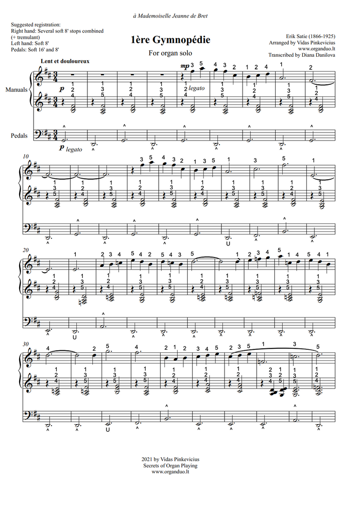 3 Gymnopèdies (arr. for Organ Solo) by Erik Satie with fingering and pedaling