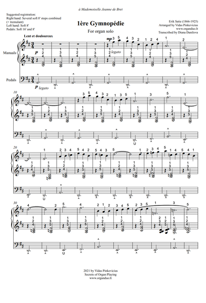 3 Gymnopèdies (arr. for Organ Solo) by Erik Satie with fingering and pedaling