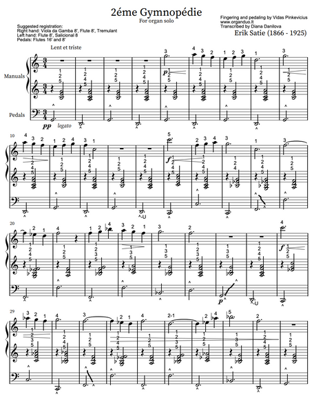 3 Gymnopèdies (arr. for Organ Solo) by Erik Satie with fingering and pedaling