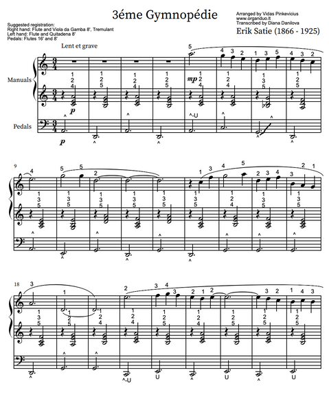 3 Gymnopèdies (arr. for Organ Solo) by Erik Satie with fingering and pedaling