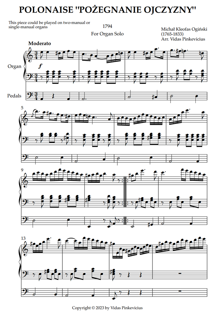 Polonaise "Poźegnanie ojczyzny" (arr. for Organ Solo) by Michał Kleofas Ogiński