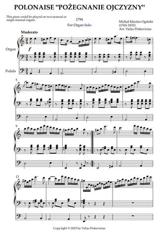 Polonaise "Poźegnanie ojczyzny" (arr. for Organ Solo) by Michał Kleofas Ogiński