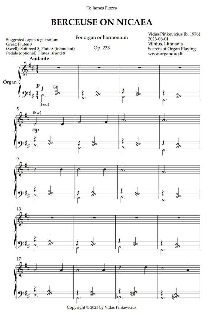 Berceuse on Nicaea, Op. 233 (Organ Solo) by Vidas Pinkevicius