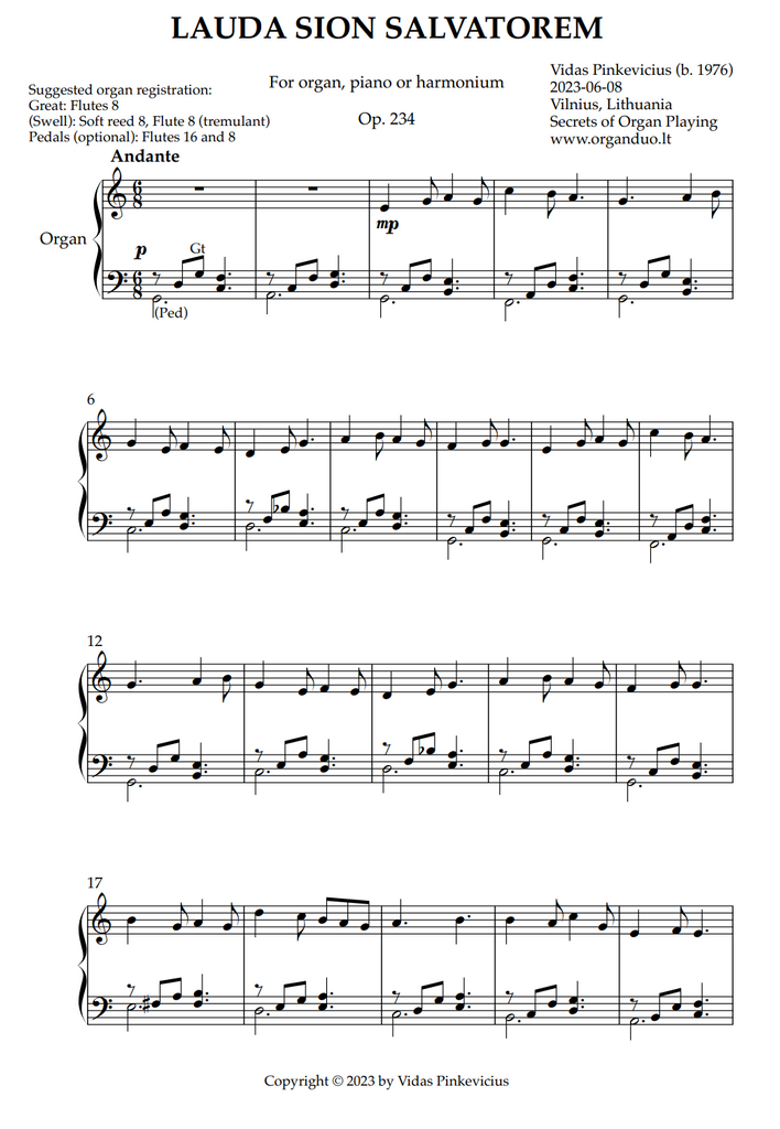 Lauda Sion Salvatorem, Op. 234 (Organ Solo) by Vidas Pinkevicius