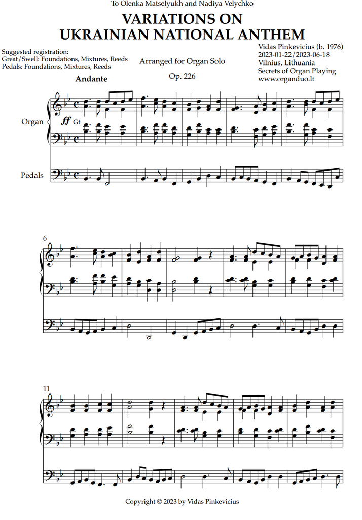 Variations on Ukrainian National Anthem, Op. 226 (Organ Solo) by Vidas Pinkevicius