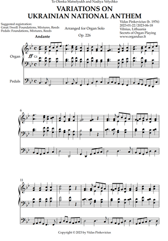 Variations on Ukrainian National Anthem, Op. 226 (Organ Solo) by Vidas Pinkevicius