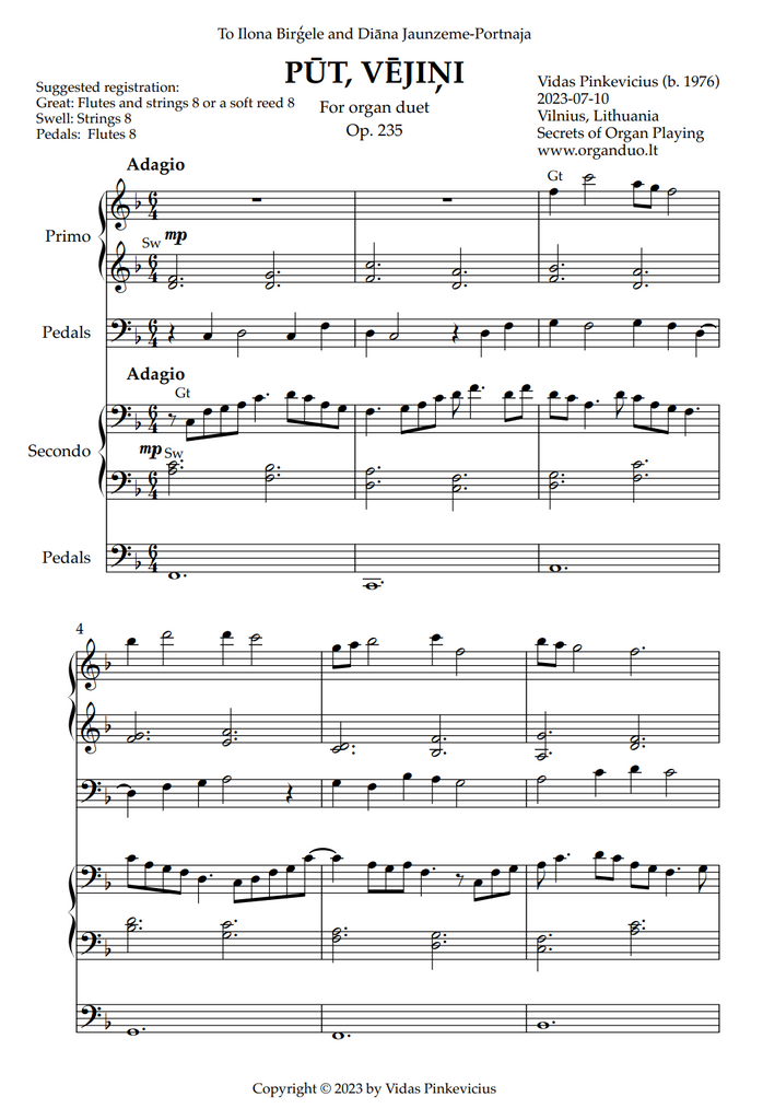 Pūt, vējiņi, Op. 235 (Organ Duet) by Vidas Pinkevicius